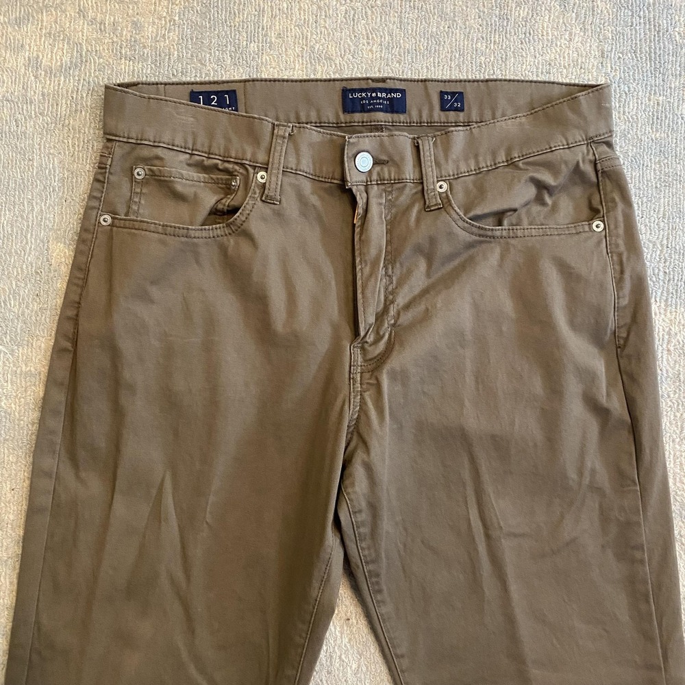 Lucky Brand 121 Slim Straight Pants Mens 33x32 Brown Stretch 5 Pocket Jeans - Picture 2 of 14